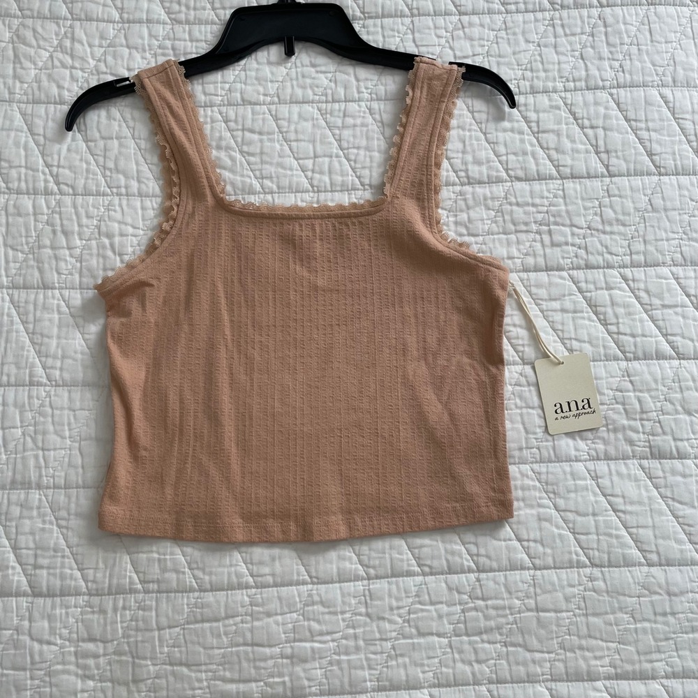 ANA A New Approach Maple Sugar Ribbed Lace Trim Square Neck Tank Top Small NWT